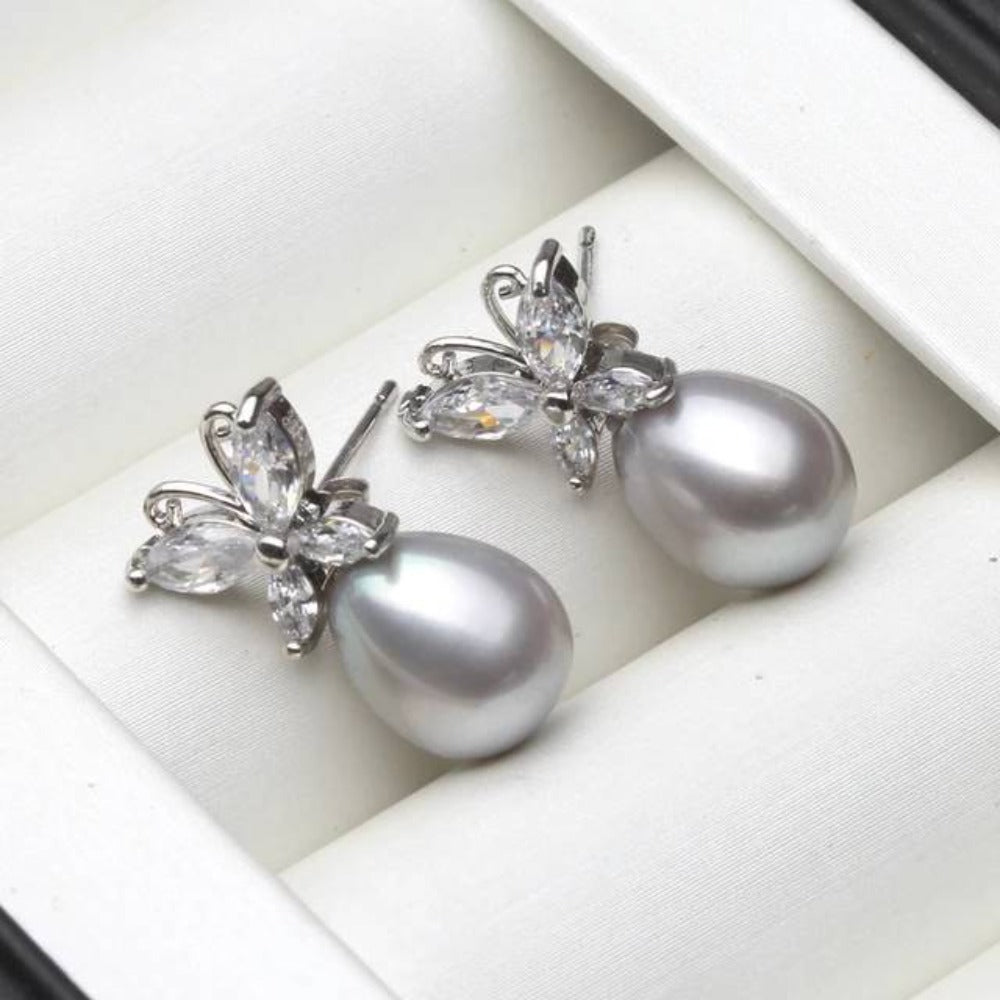 Genuine White Freshwater Pearl & Simulated Diamond Butterfly Stud Earrings-3